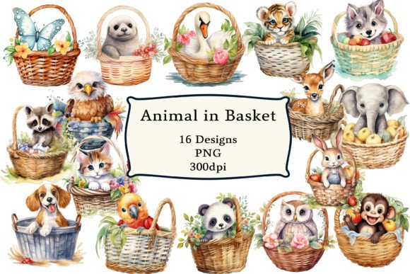 Watercolor Animal in Basket Clipart: A Designer's Charming Asset