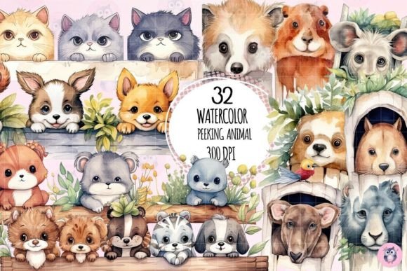 Watercolor Peeking Animal Clipart: A Design Asset That Adds Instant Charm